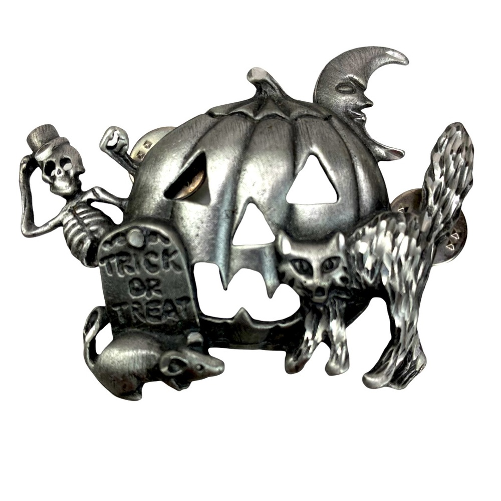 Halloween Pin Pumpkin Cat Moon Skeleton Rat Trick or Treat Moon Pewter Color